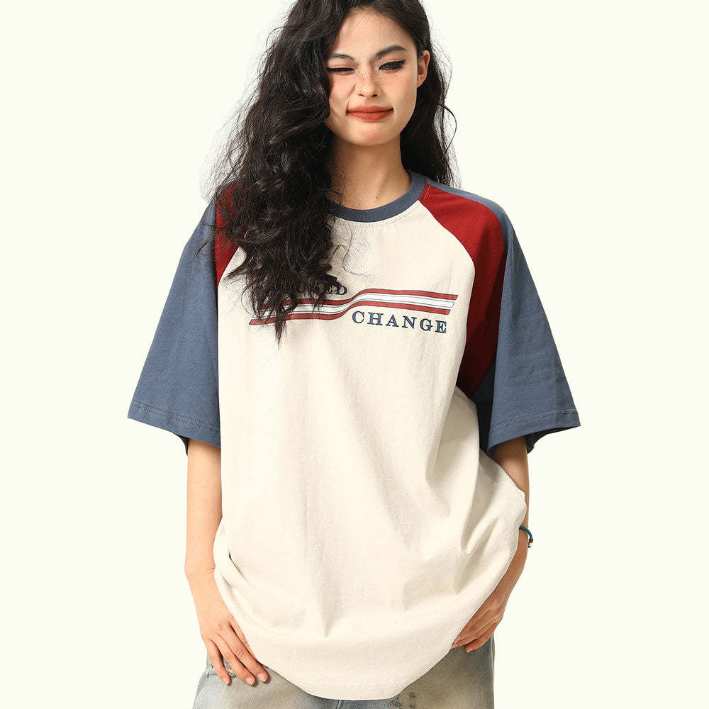 美式復古拼接撞色插肩袖短袖T恤女寬鬆百搭tee