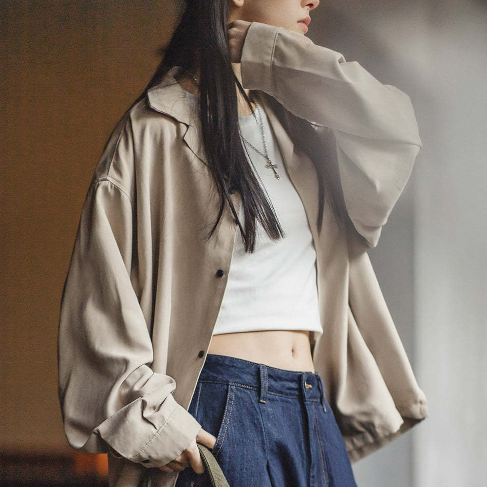 馬登女裝 桃皮絨古巴領長袖襯衫疊穿小眾設計感上衣春季襯衣