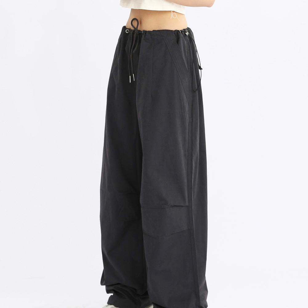 美式闊腿抽繩傘兵工裝褲女寬鬆低腰休閒百搭長褲