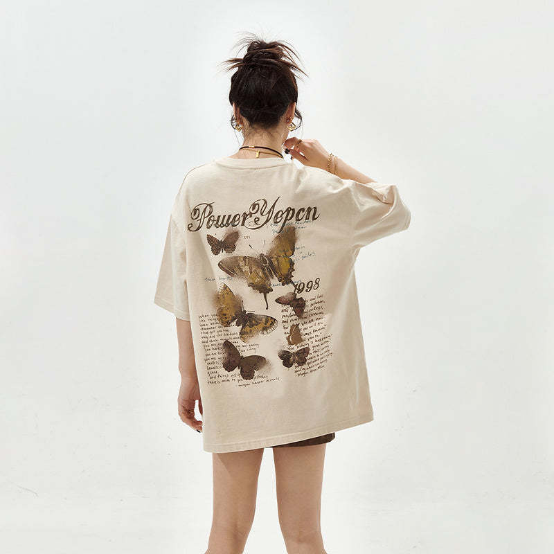 復古蝴蝶印花短袖t恤女夏季新款潮牌寬鬆純棉半袖