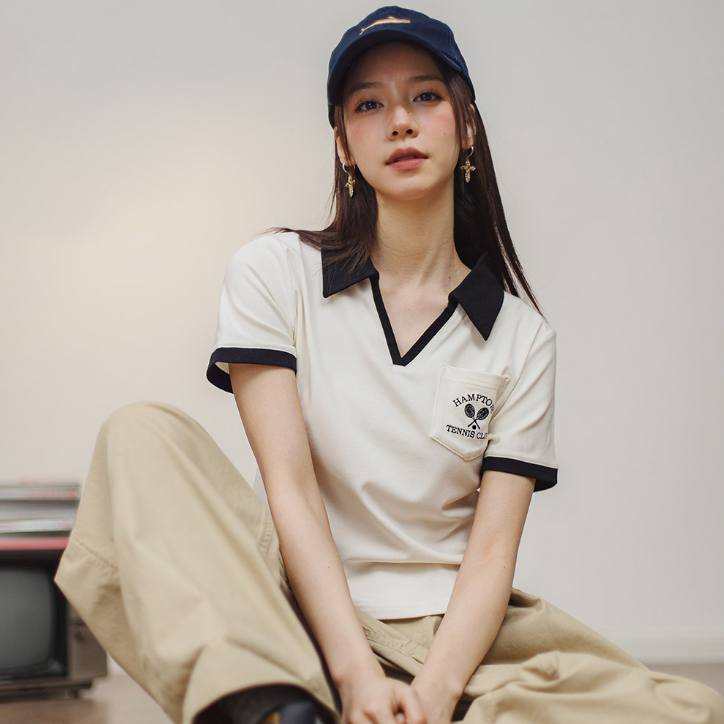 馬登女裝 復古V領Polo衫正肩顯瘦短袖修身T恤小眾設計老錢風撞色上衣