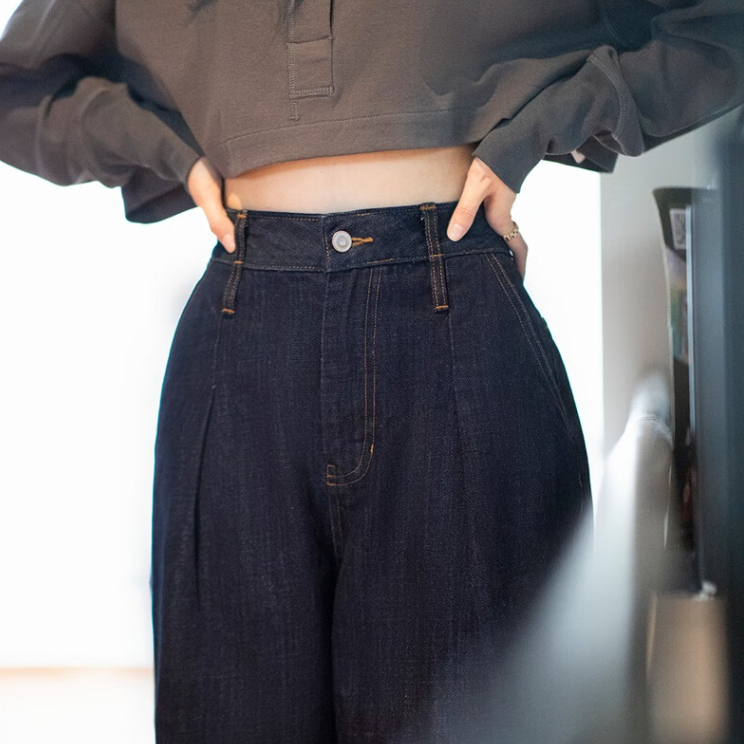 馬登女裝 美式復古水洗藍牛仔闊腿褲直筒休閒褲高腰顯瘦牛仔褲