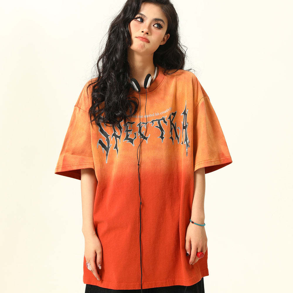 美式復古高街頭水洗漸變字母短袖T恤女夏季tee