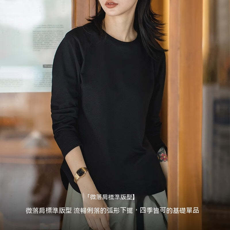 馬登女裝 雙紗純棉T恤女微落肩圓領衛衣春秋學生基礎款打底衫