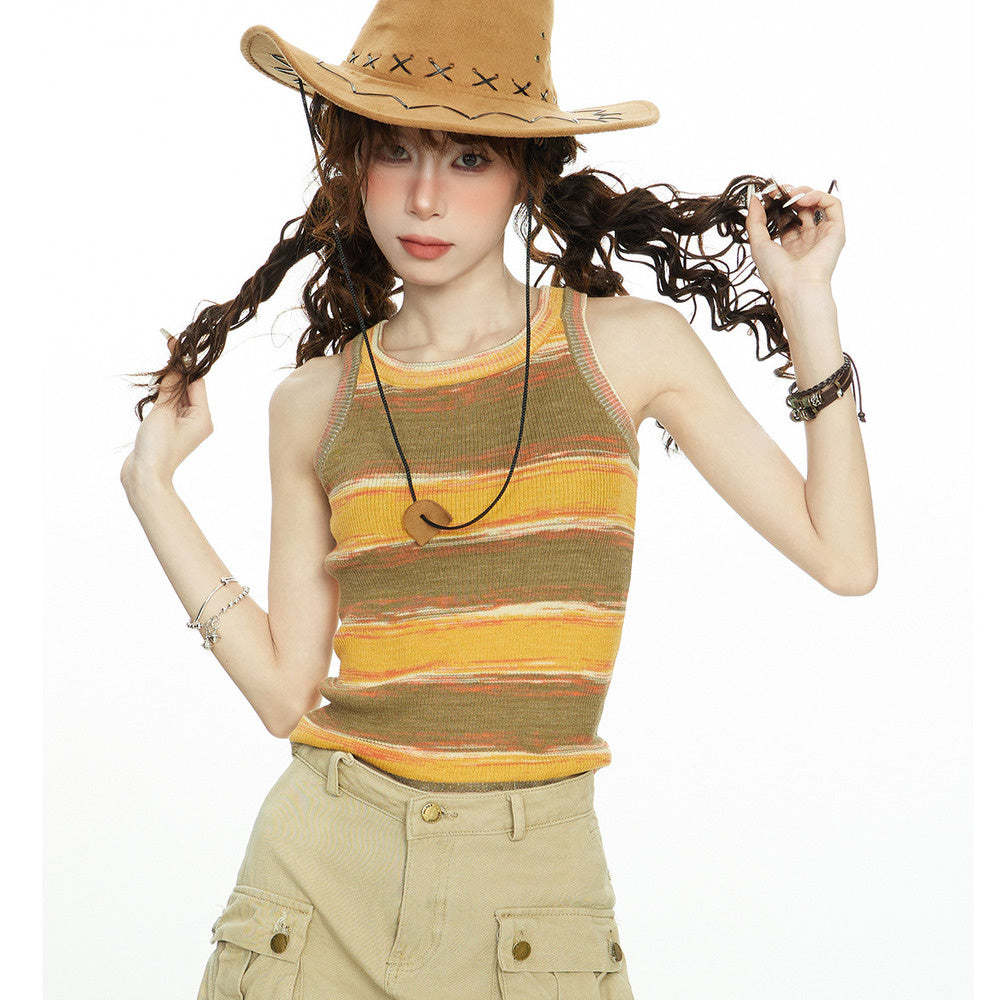 美式針織條紋吊帶背心女夏季工字內搭外穿多巴胺辣妹無袖上衣