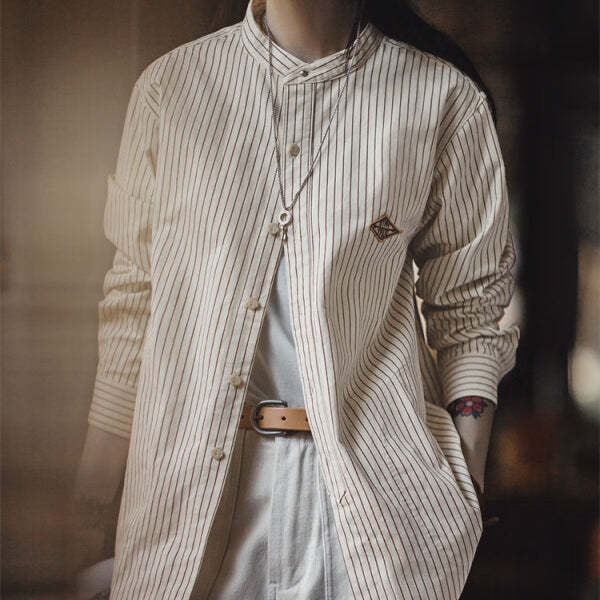 馬登女裝 法式豎條紋襯衫秋內搭純棉長袖襯衣設計感休閒上衣外套