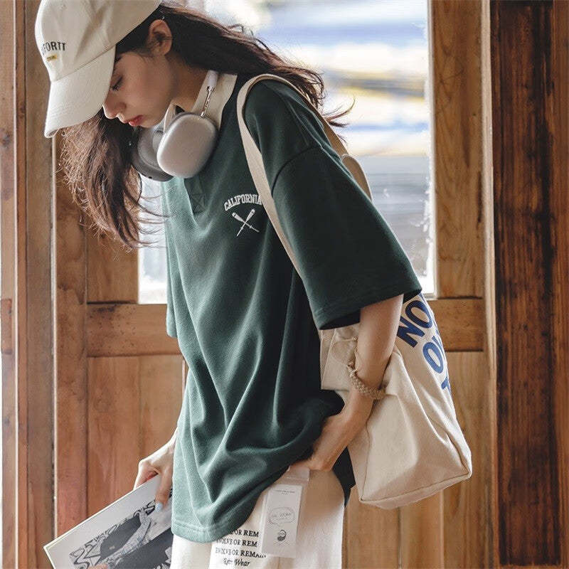 馬登女裝 美式復古翻領短袖學院風寬鬆polo打底衫顯瘦情侶T恤