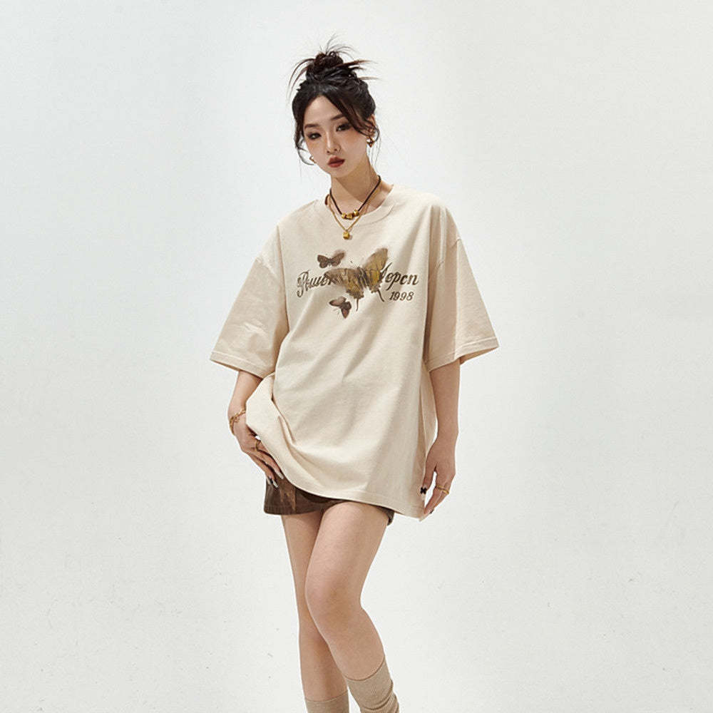 復古蝴蝶印花短袖t恤女夏季新款潮牌寬鬆純棉半袖