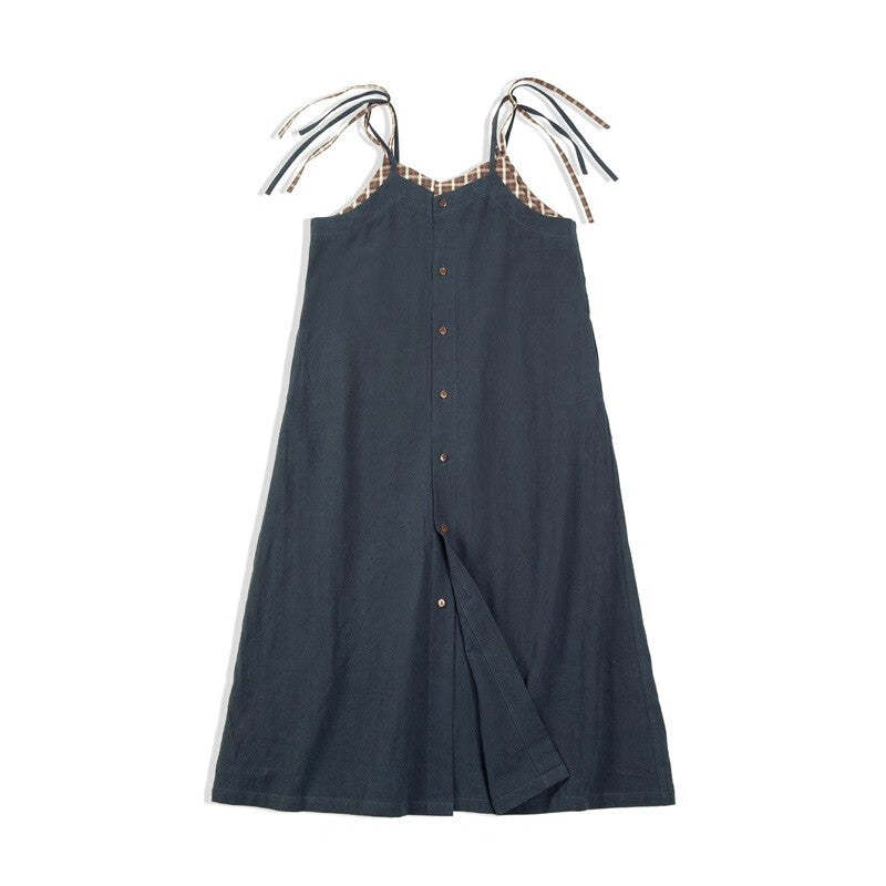 馬登女裝 復古格紋拼接背帶裙顯瘦A字寬鬆吊帶連衣長裙無袖