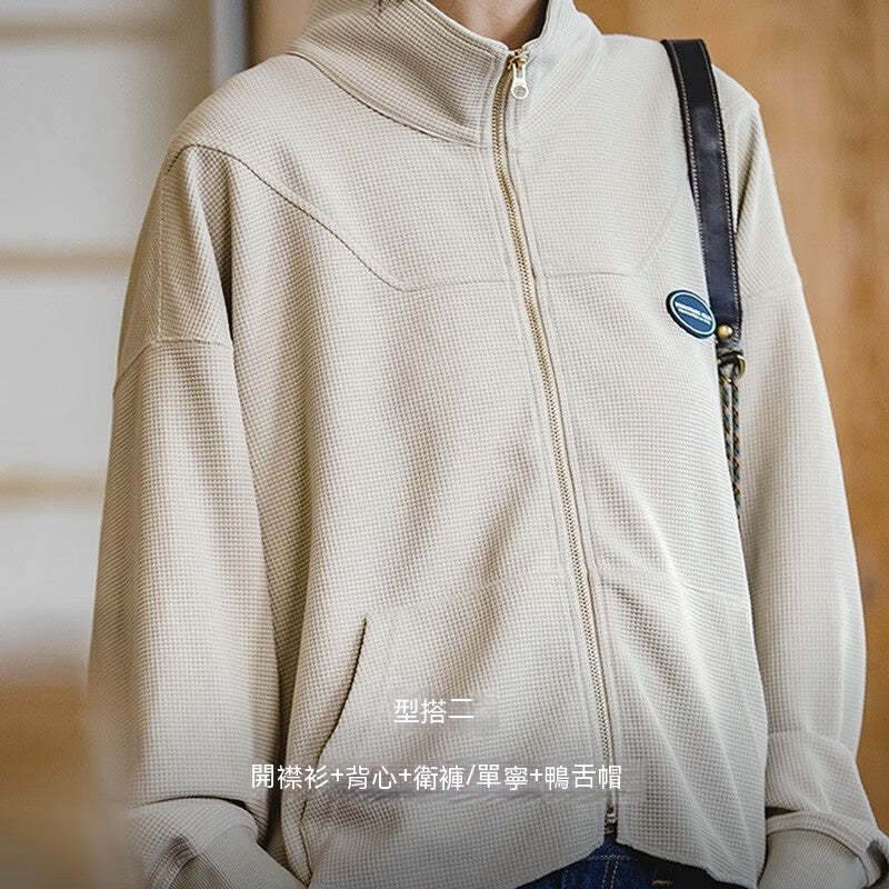 馬登女裝 鹽系立領衛衣寬鬆華夫格拉鍊外套休閒短款開衫上衣