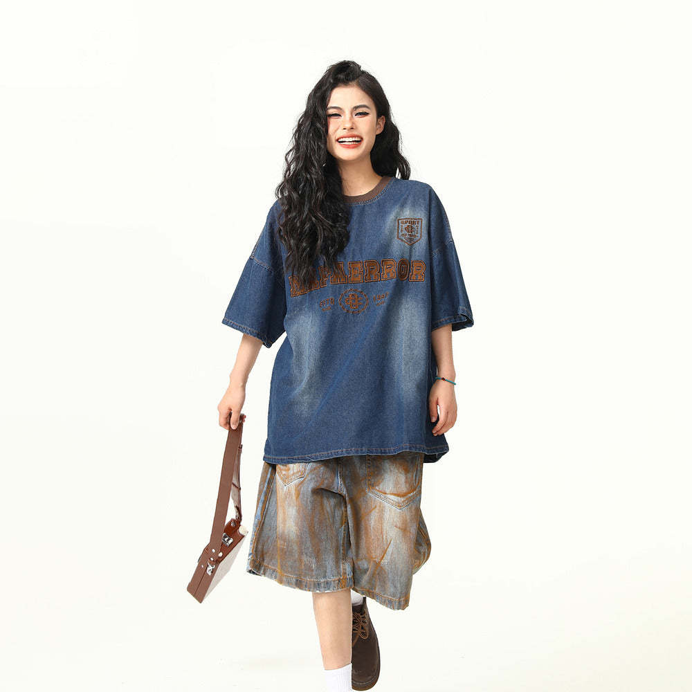 美式復古重工刺繡水洗牛仔短袖T恤女寬鬆夏半袖