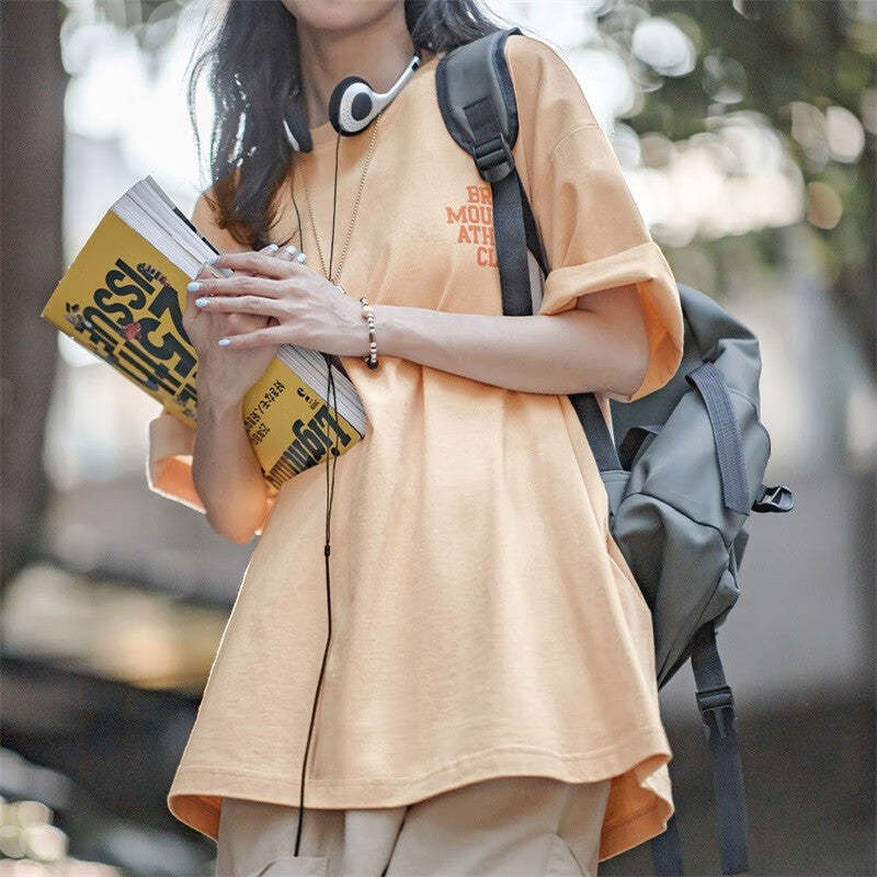 馬登女裝 美式休閒馬卡龍純色短袖T恤寬鬆純棉字母印花情侶套頭衫