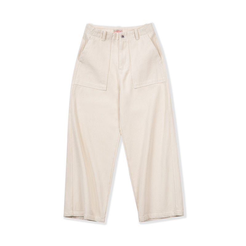 馬登女裝 白色牛仔闊腿褲寬鬆口袋工裝褲直筒休閒長褲子秋