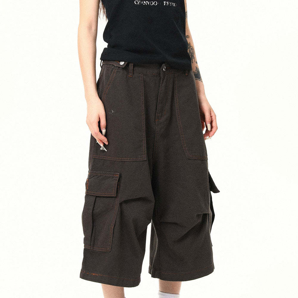 美式復古工裝褲女夏季多口袋寬鬆七分褲直筒休閒短褲