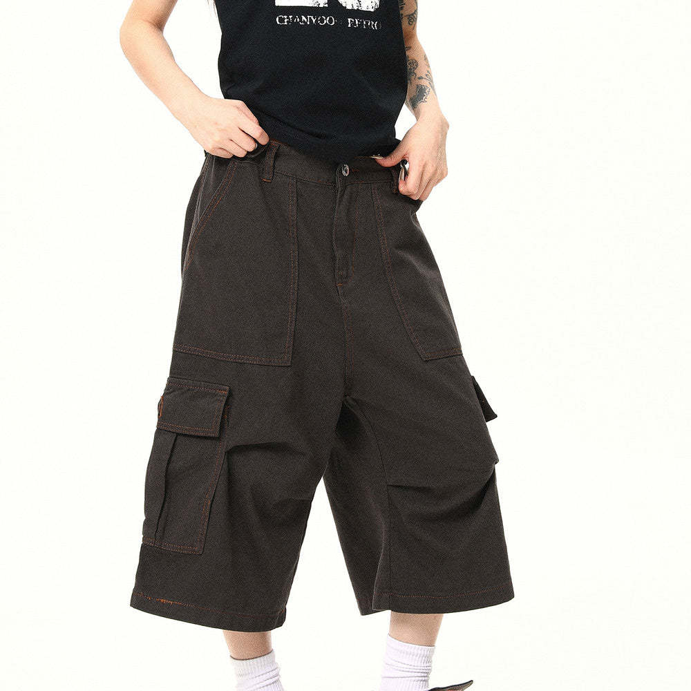 美式復古工裝褲女夏季多口袋寬鬆七分褲直筒休閒短褲