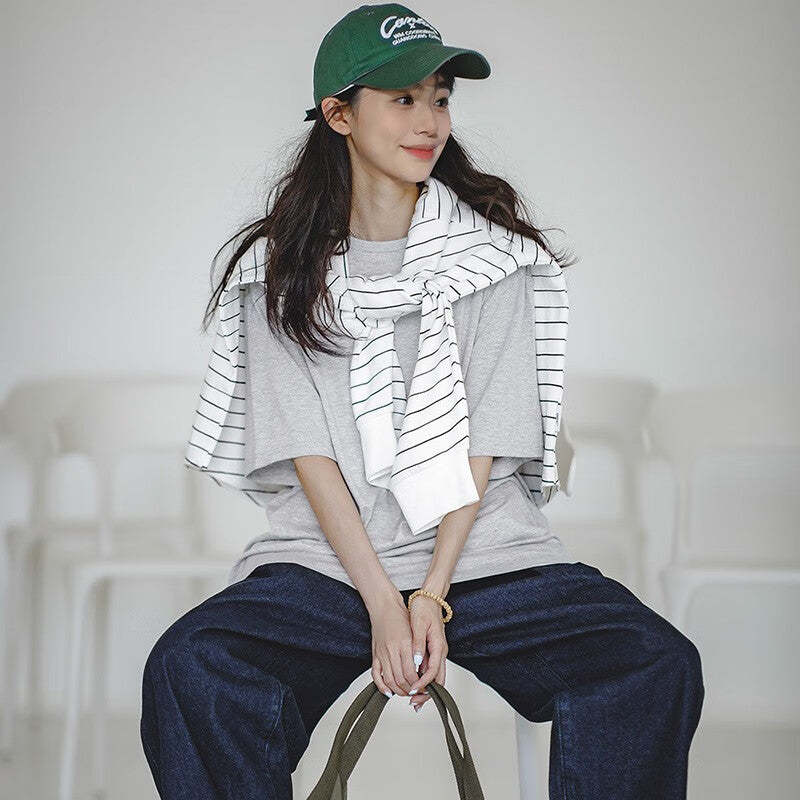 馬登女裝 美式休閒T恤純色落肩寬鬆基礎款短袖薄款透氣上衣