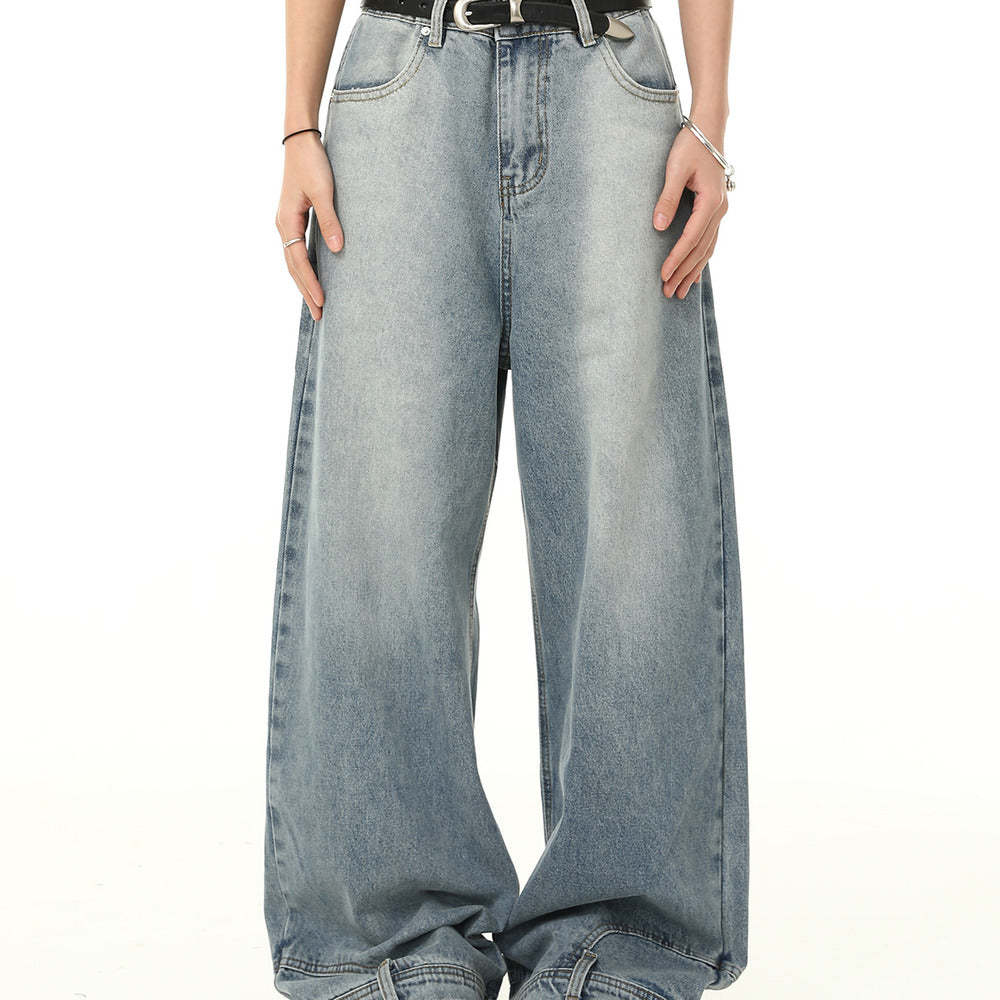 美式復古設計感倒裝牛仔褲女水洗闊腿寬鬆長褲