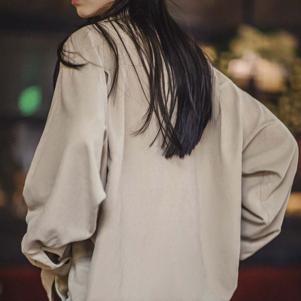馬登女裝 桃皮絨古巴領長袖襯衫疊穿小眾設計感上衣春季襯衣