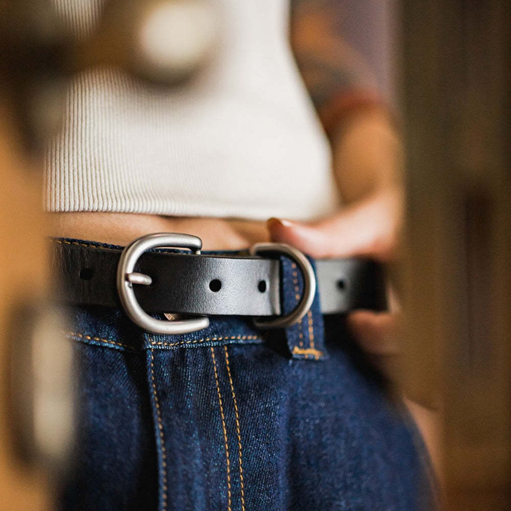 馬登女裝 植鞣頭層真牛皮小皮帶牛仔褲簡約雙環裝潢細黑色腰帶