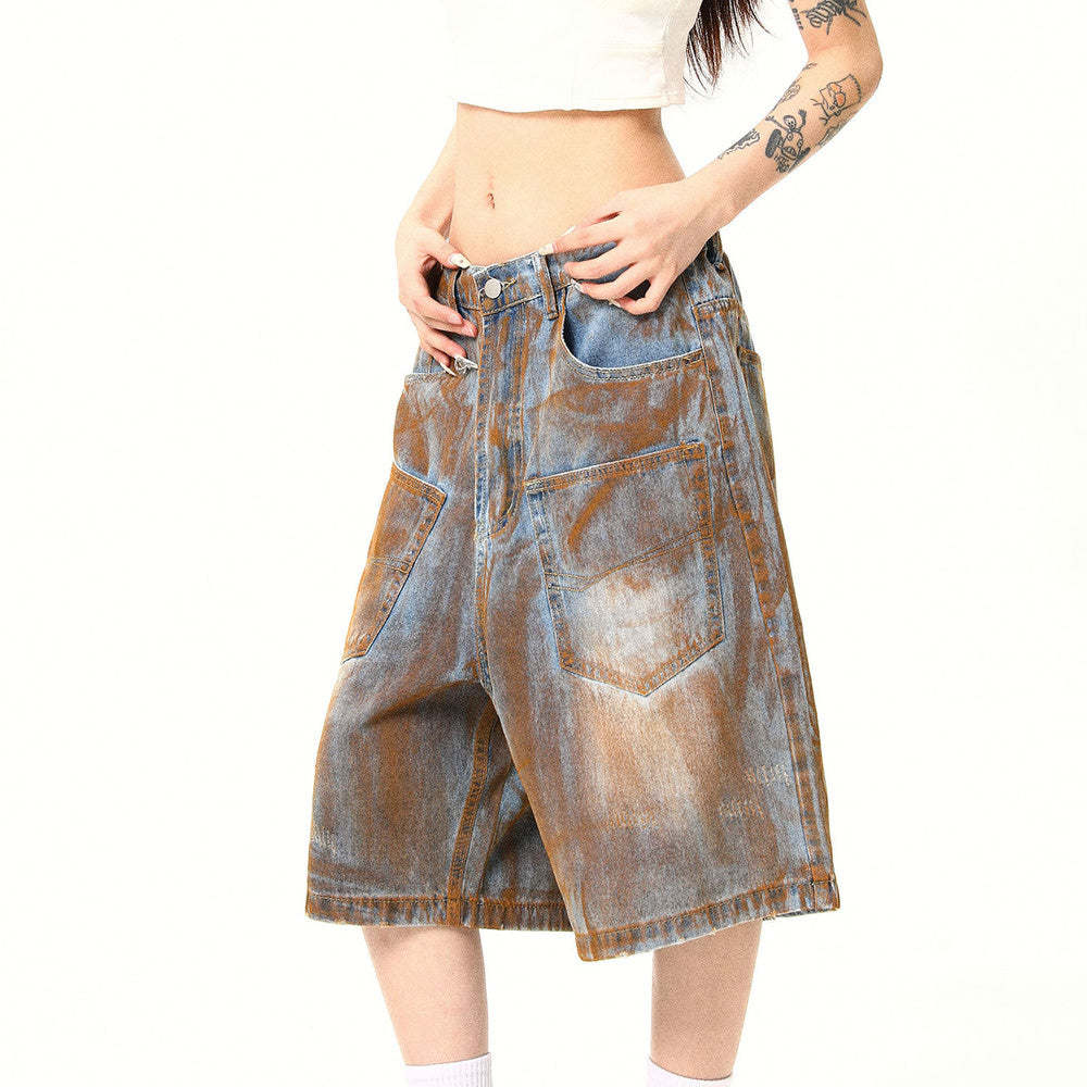 美式復古高街髒染廢土風口袋設計感牛仔短褲夏季七分褲