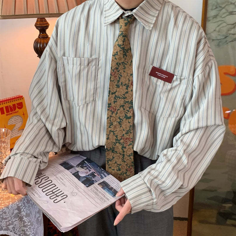 日系復古豎條紋襯衫秋裝新款寬鬆慵懶襯衣防曬長袖