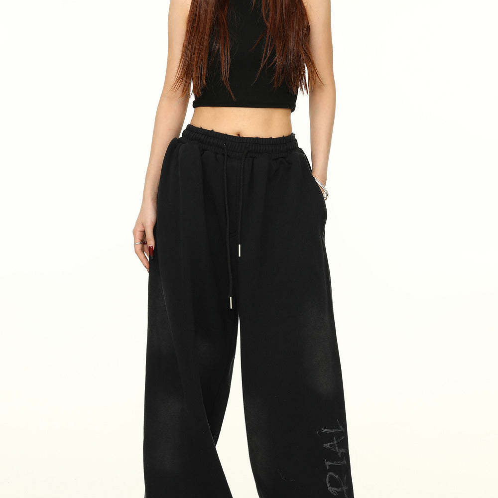 美式寬鬆闊腿衛褲女塗鴉廢土風高街褲子嘻哈長褲