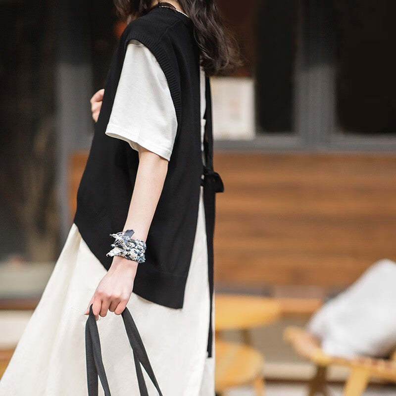 馬登女裝 法式休閒露背針織馬甲v領系帶慵懶背心無袖疊穿坎肩上衣