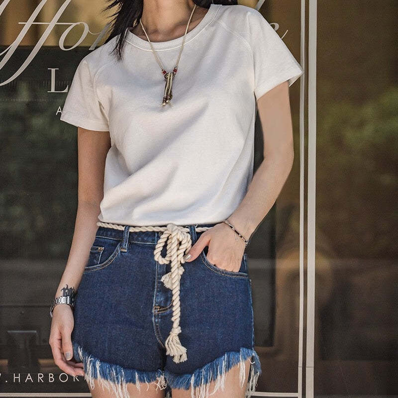 馬登女裝 新疆棉圓領短袖T恤夏季基礎百搭半袖衫Vintage純色插肩體恤