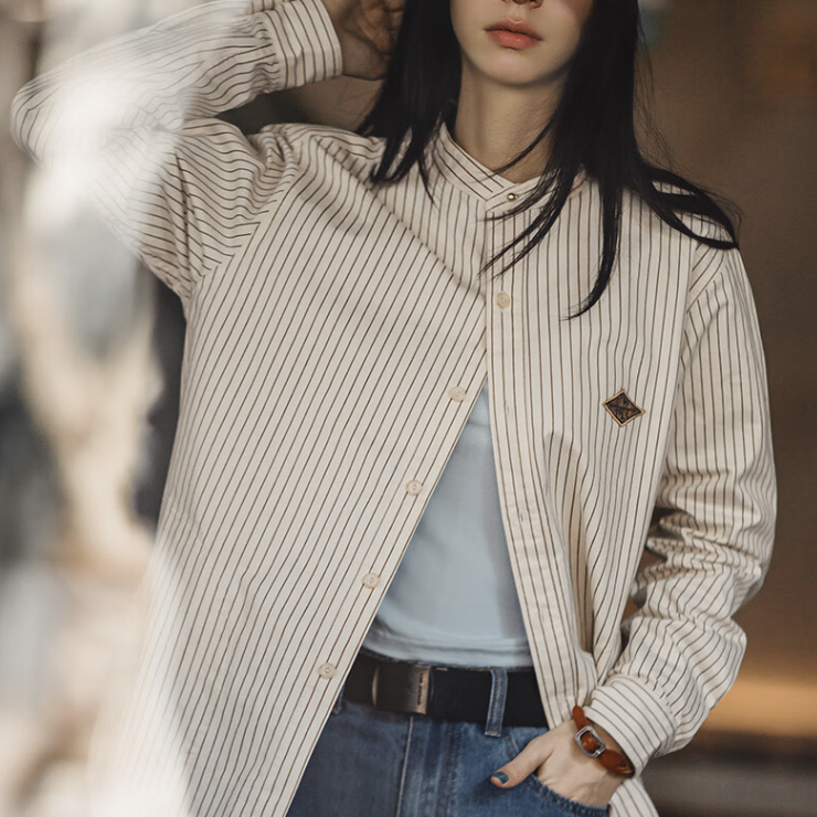 馬登女裝 法式豎條紋襯衫秋內搭純棉長袖襯衣設計感休閒上衣外套