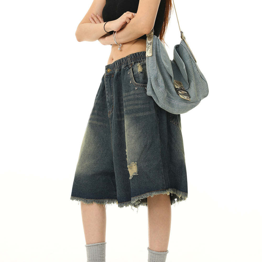 美式水洗破洞牛仔短褲女鬆緊腰寬鬆百搭闊腿五分褲