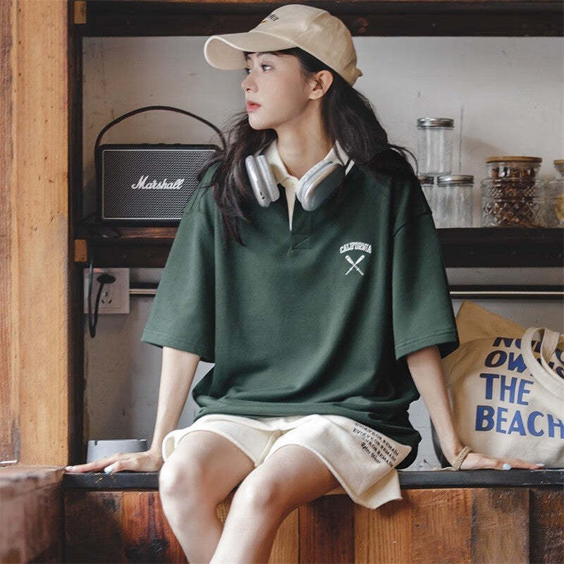 馬登女裝 美式復古翻領短袖學院風寬鬆polo打底衫顯瘦情侶T恤