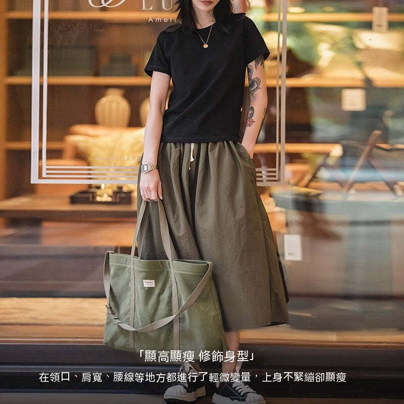 馬登女裝 新疆棉圓領短袖T恤夏季基礎百搭半袖衫Vintage純色插肩體恤