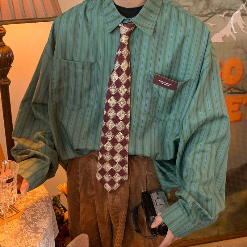 日系復古豎條紋襯衫秋裝新款寬鬆慵懶襯衣防曬長袖