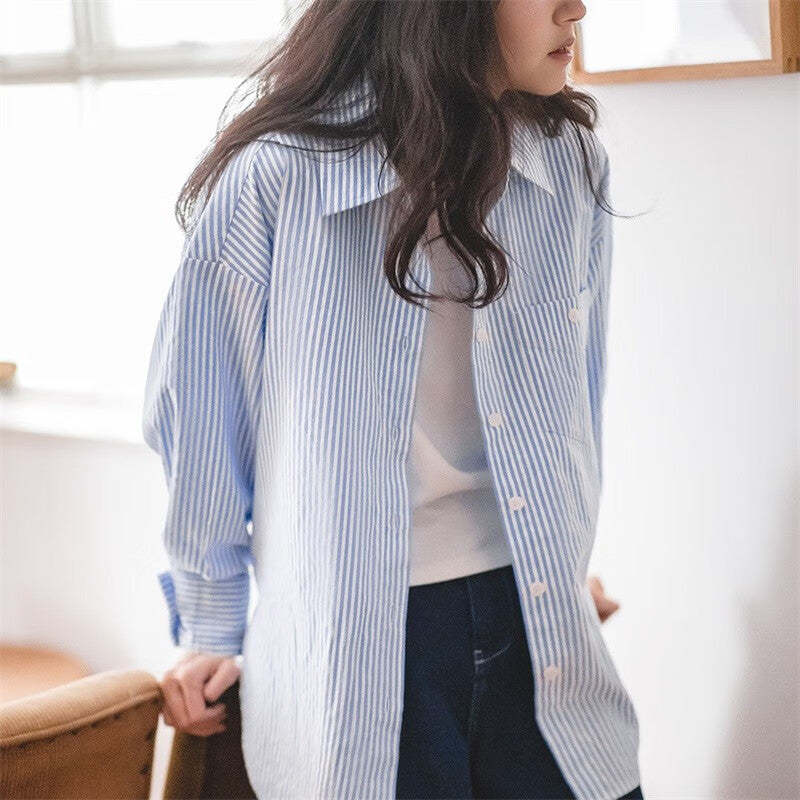 馬登女裝 法式經典藍白條紋襯衫寬鬆休閒襯衣開衫方領上衣外套夏