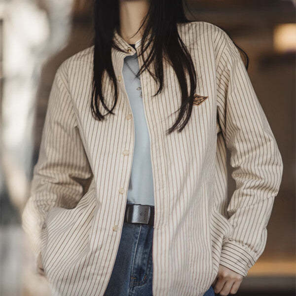 馬登女裝 法式豎條紋襯衫秋內搭純棉長袖襯衣設計感休閒上衣外套