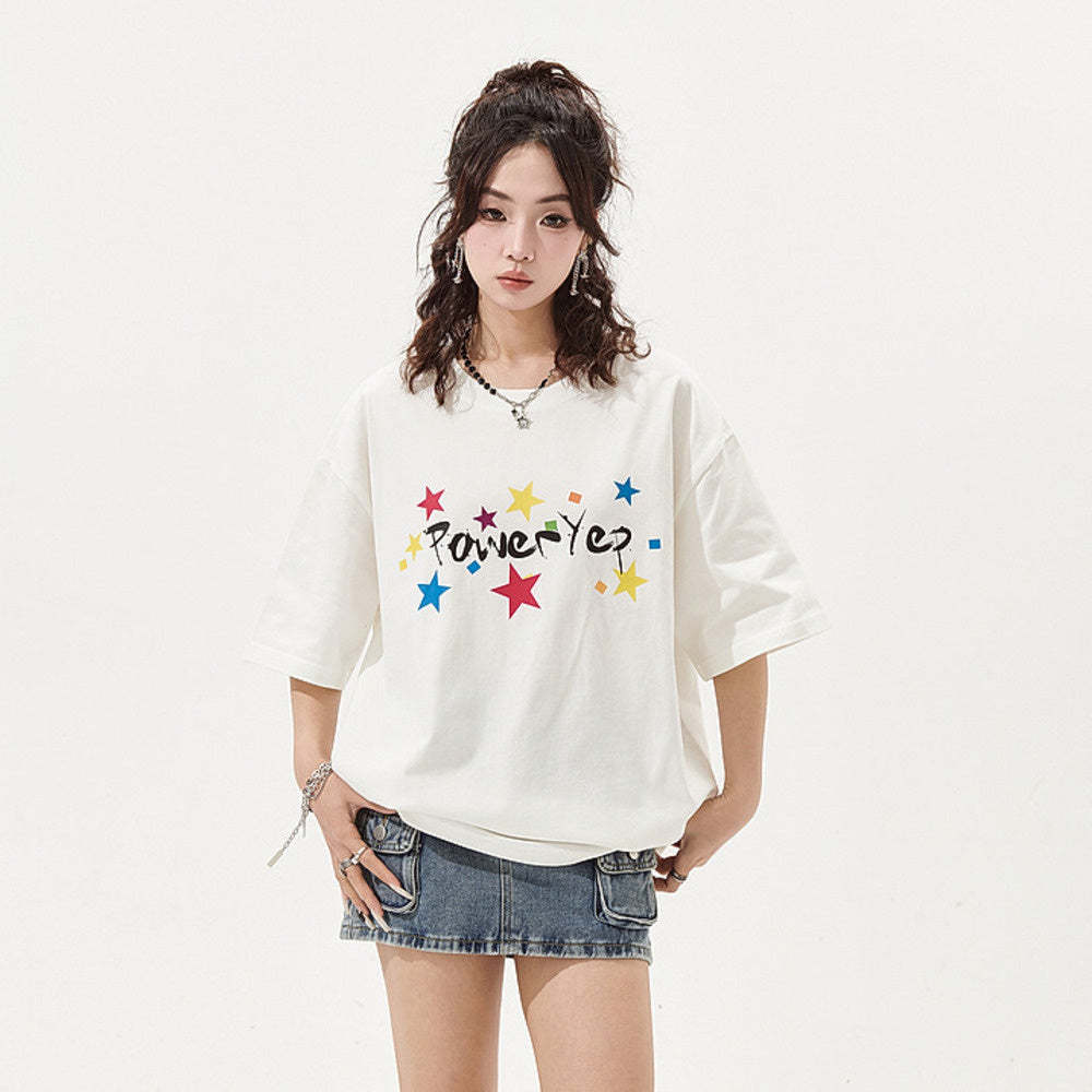 白色印花短袖t恤女夏季新款美式復古情侶寬鬆oversize上衣