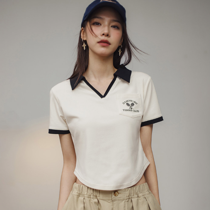 馬登女裝 復古V領Polo衫正肩顯瘦短袖修身T恤小眾設計老錢風撞色上衣