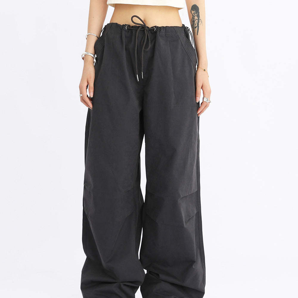 美式闊腿抽繩傘兵工裝褲女寬鬆低腰休閒百搭長褲