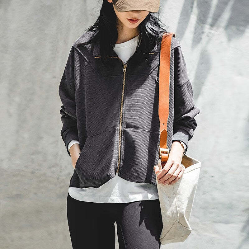 馬登女裝 鹽系立領衛衣寬鬆華夫格拉鍊外套休閒短款開衫上衣