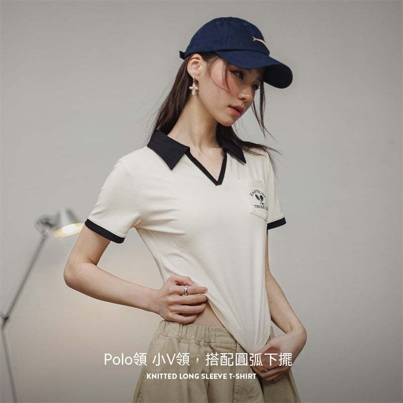 馬登女裝 復古V領Polo衫正肩顯瘦短袖修身T恤小眾設計老錢風撞色上衣