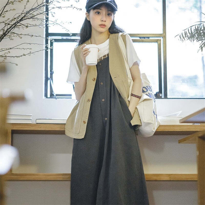 馬登女裝 復古格紋拼接背帶裙顯瘦A字寬鬆吊帶連衣長裙無袖