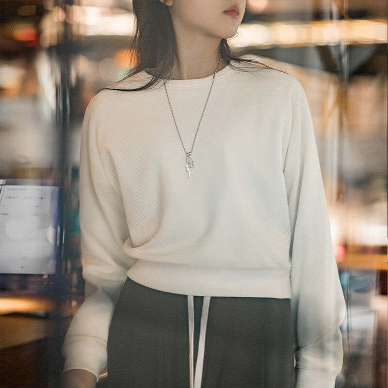 馬登女裝 設計感高腰圓領衛衣小個子內搭打底衫提花長袖T恤上衣