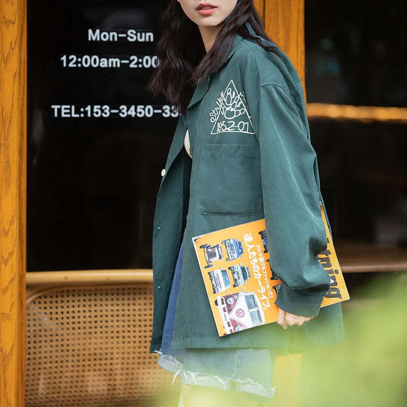 馬登女裝 美式復古磨毛刺繡襯衫桃皮絨寬鬆翻領保齡球襯衣女潮夏