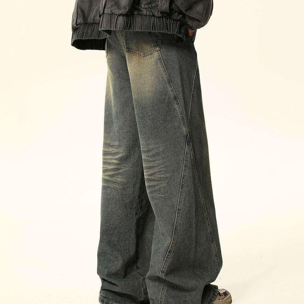 美式復古水洗做舊牛仔褲女顯瘦寬鬆直筒闊腿褲子
