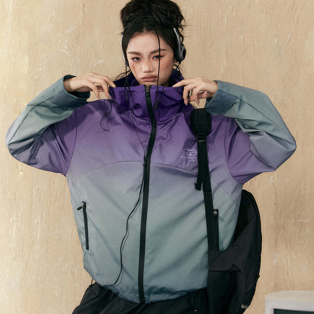 紫色漸變衝鋒衣女新款春季戶外山系防水登山服外套女