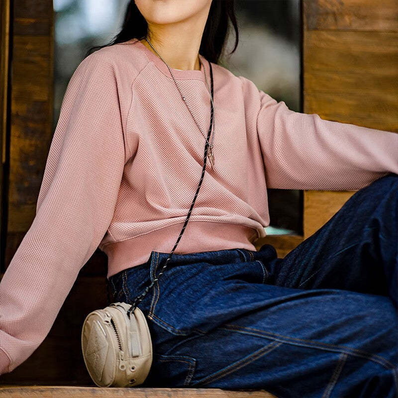 馬登女裝 設計感高腰圓領衛衣小個子內搭打底衫提花長袖T恤上衣