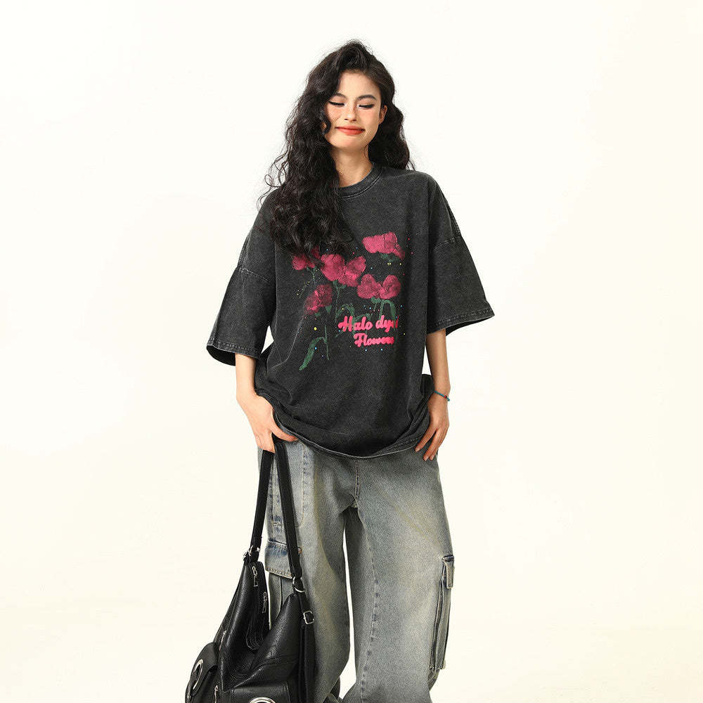 水洗做舊玫瑰印花短袖T恤女夏季寬鬆潮牌街頭上衣