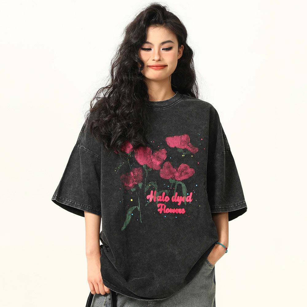 水洗做舊玫瑰印花短袖T恤女夏季寬鬆潮牌街頭上衣