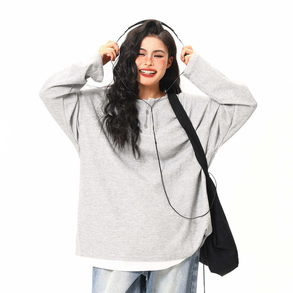 美式復古高級感假兩件長袖打底衫女秋季百搭潮流設計上衣