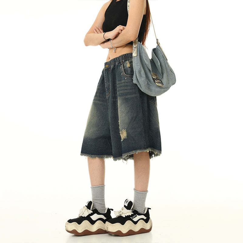 美式水洗破洞牛仔短褲女鬆緊腰寬鬆百搭闊腿五分褲